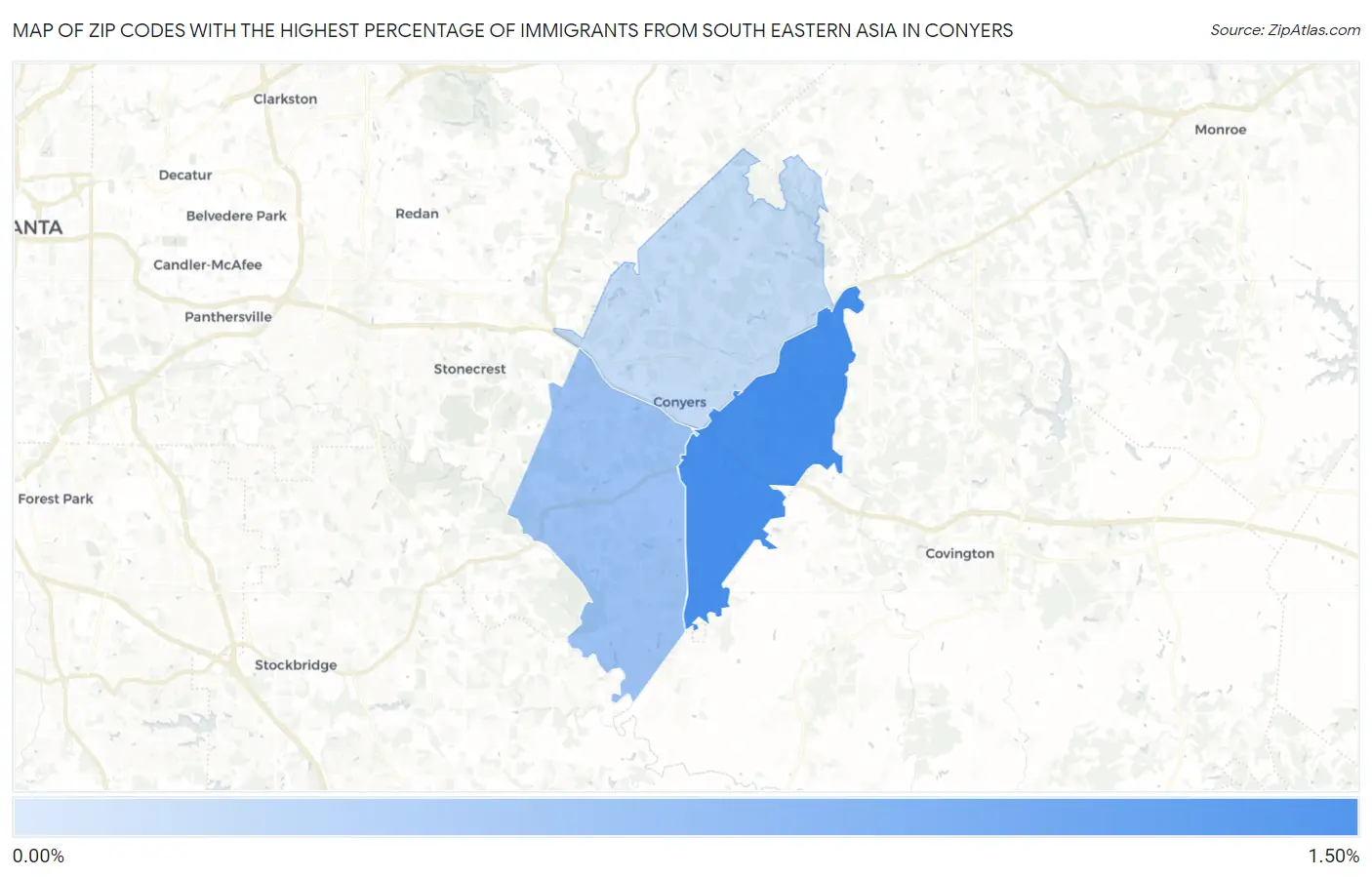 Zip Codes with the Highest Percentage of Immigrants from South Eastern Asia in Conyers Map
