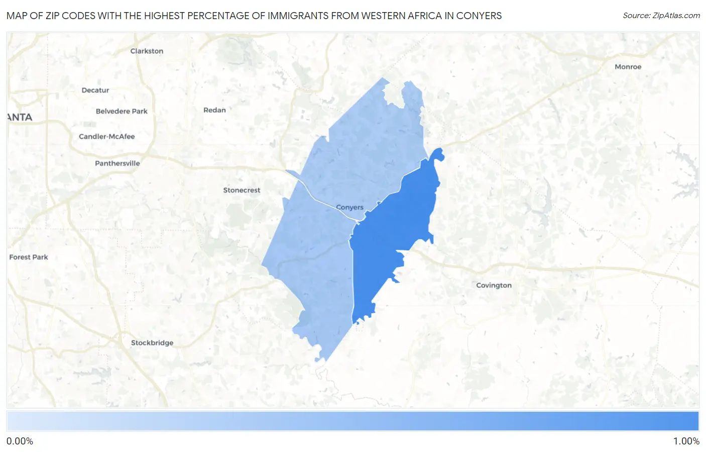 Zip Codes with the Highest Percentage of Immigrants from Western Africa in Conyers Map