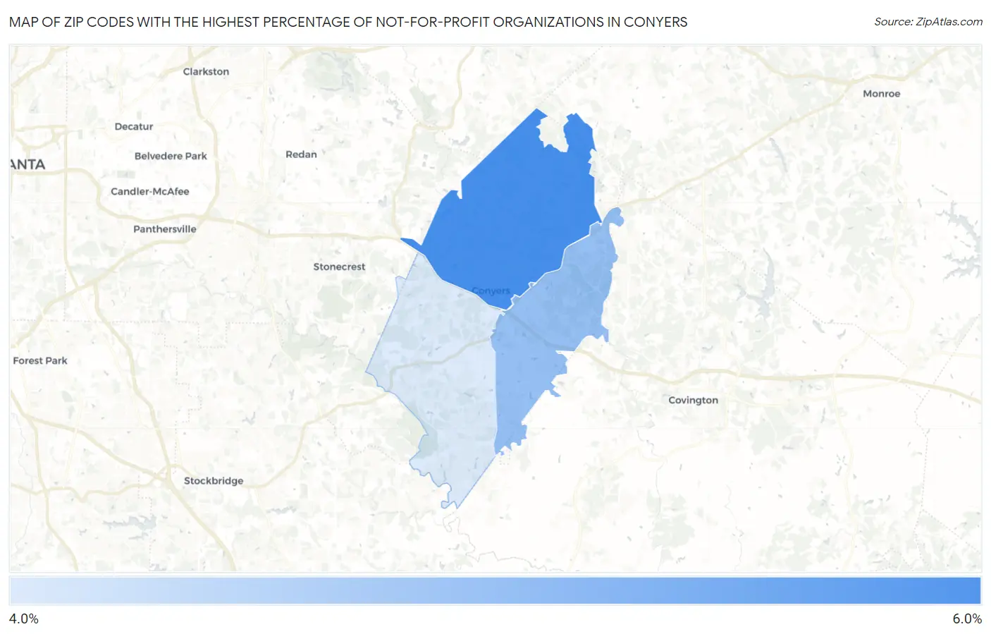 Zip Codes with the Highest Percentage of Not-for-profit Organizations in Conyers Map