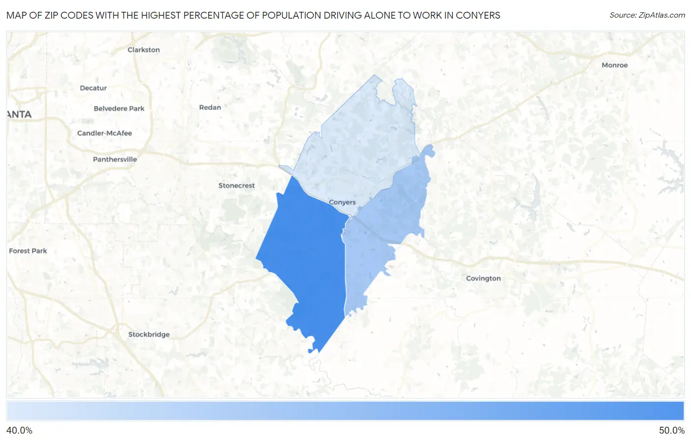 Zip Codes with the Highest Percentage of Population Driving Alone to Work in Conyers Map