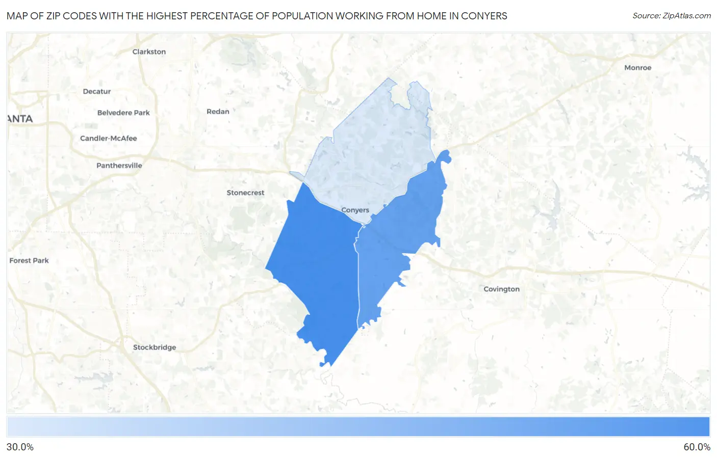 Zip Codes with the Highest Percentage of Population Working from Home in Conyers Map