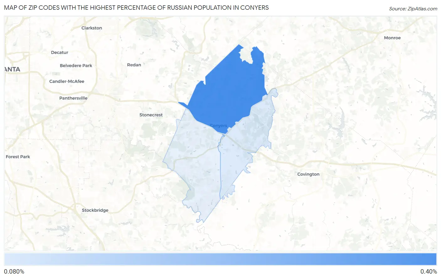 Zip Codes with the Highest Percentage of Russian Population in Conyers Map