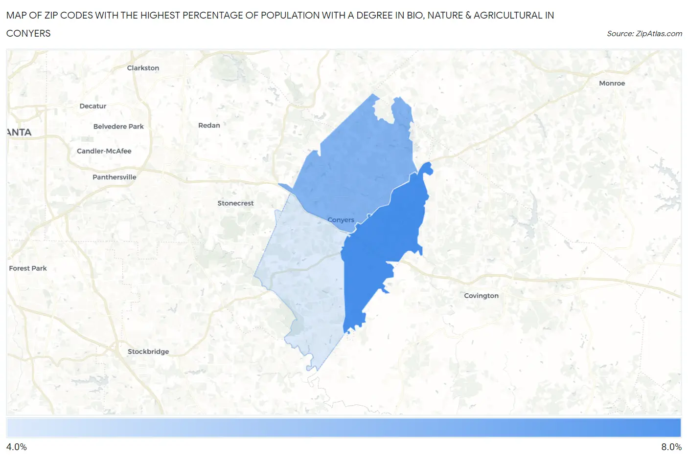Zip Codes with the Highest Percentage of Population with a Degree in Bio, Nature & Agricultural in Conyers Map