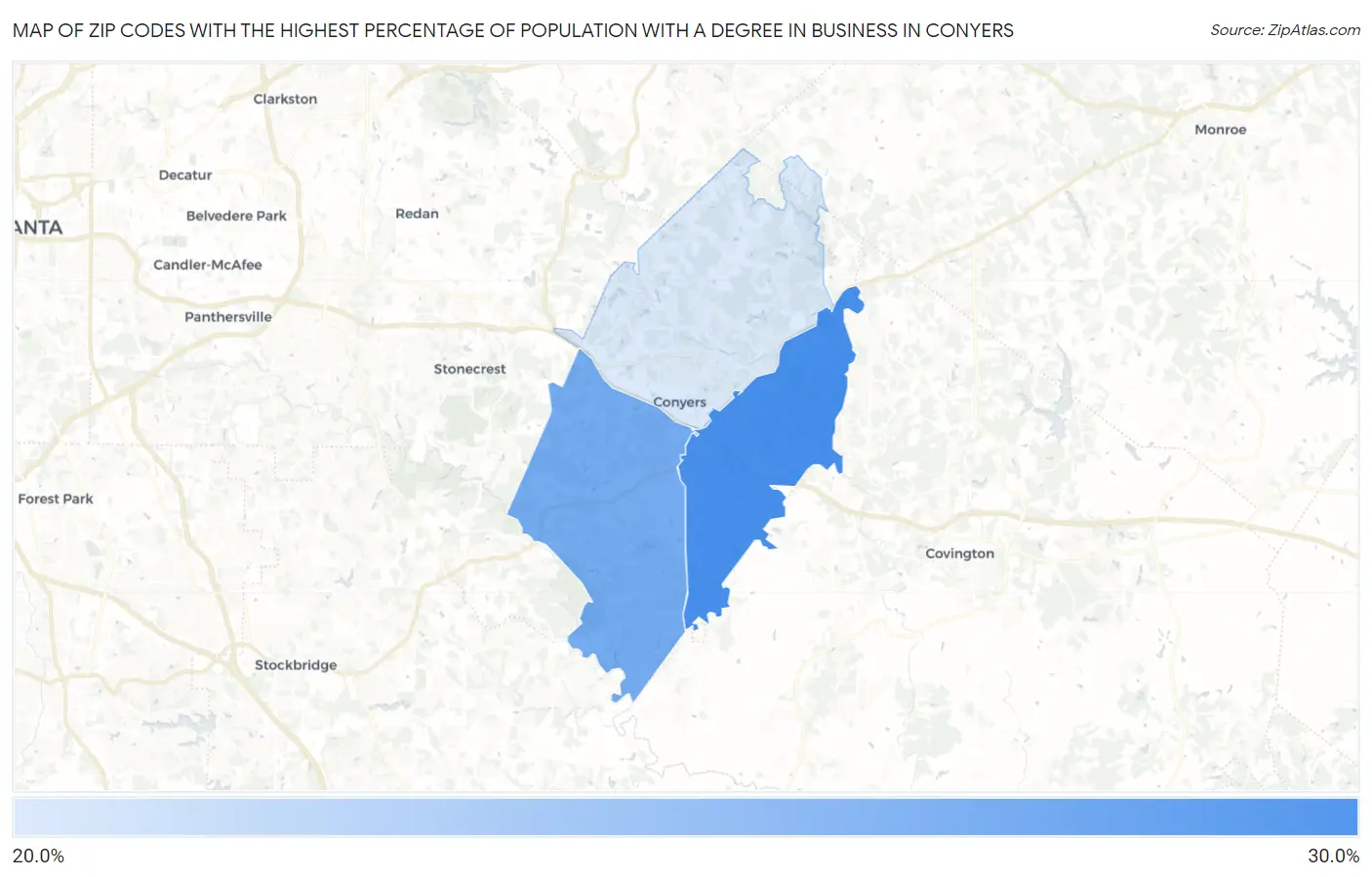 Zip Codes with the Highest Percentage of Population with a Degree in Business in Conyers Map