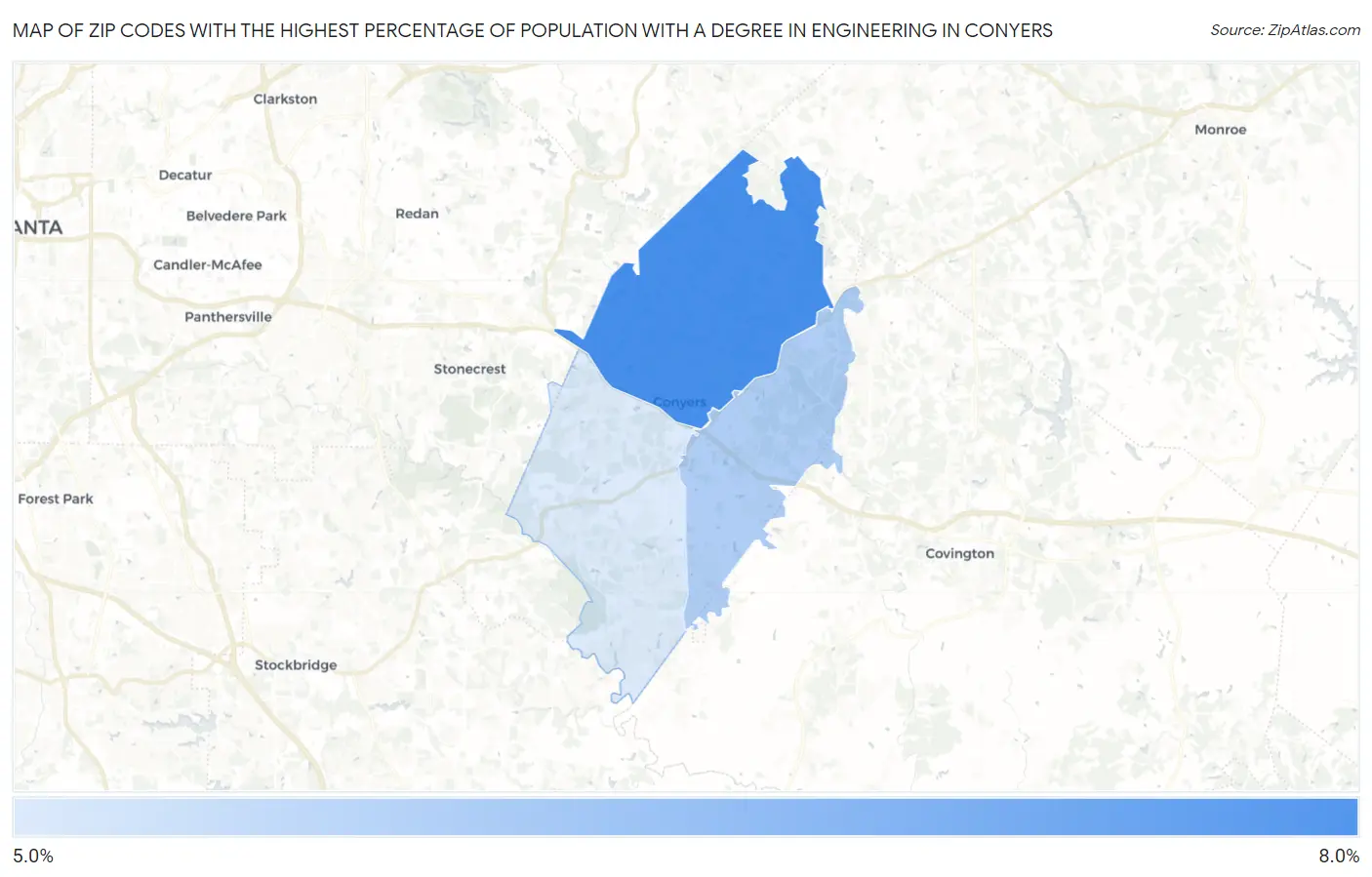 Zip Codes with the Highest Percentage of Population with a Degree in Engineering in Conyers Map