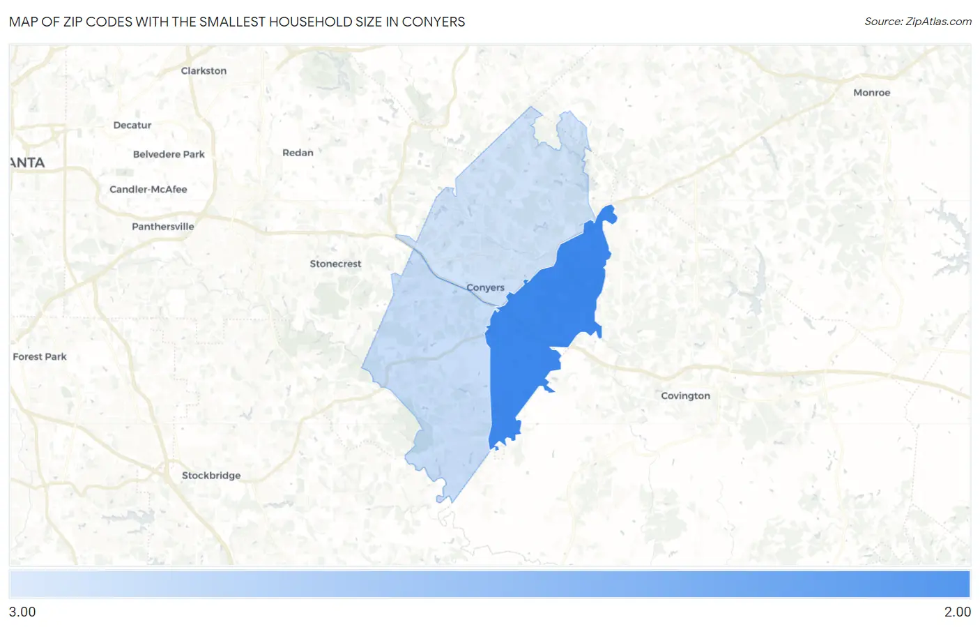 Zip Codes with the Smallest Household Size in Conyers Map
