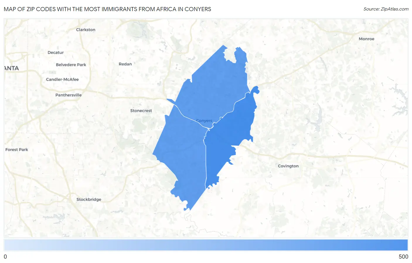 Zip Codes with the Most Immigrants from Africa in Conyers Map