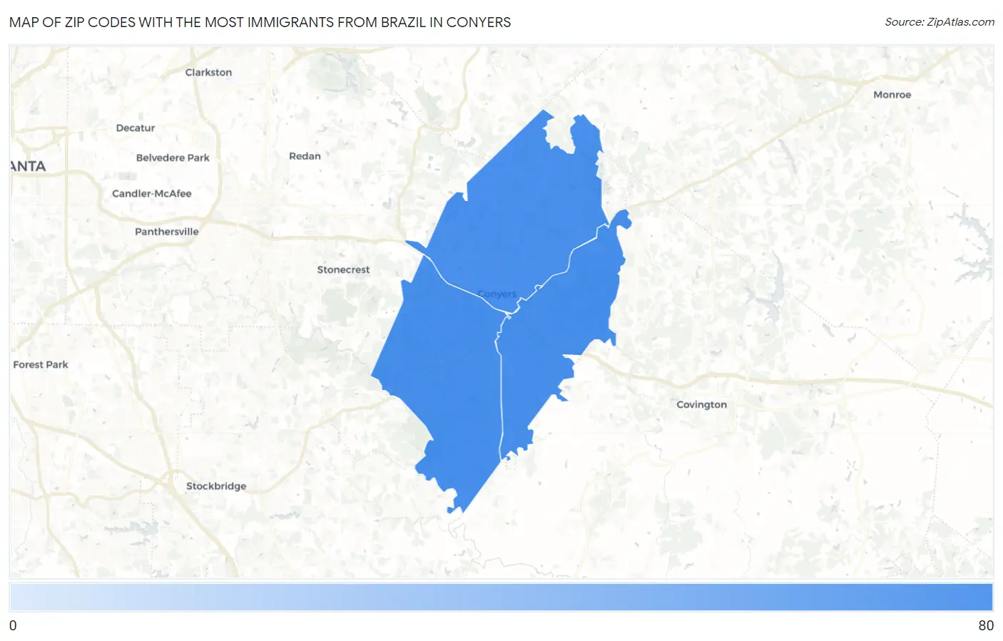 Zip Codes with the Most Immigrants from Brazil in Conyers Map