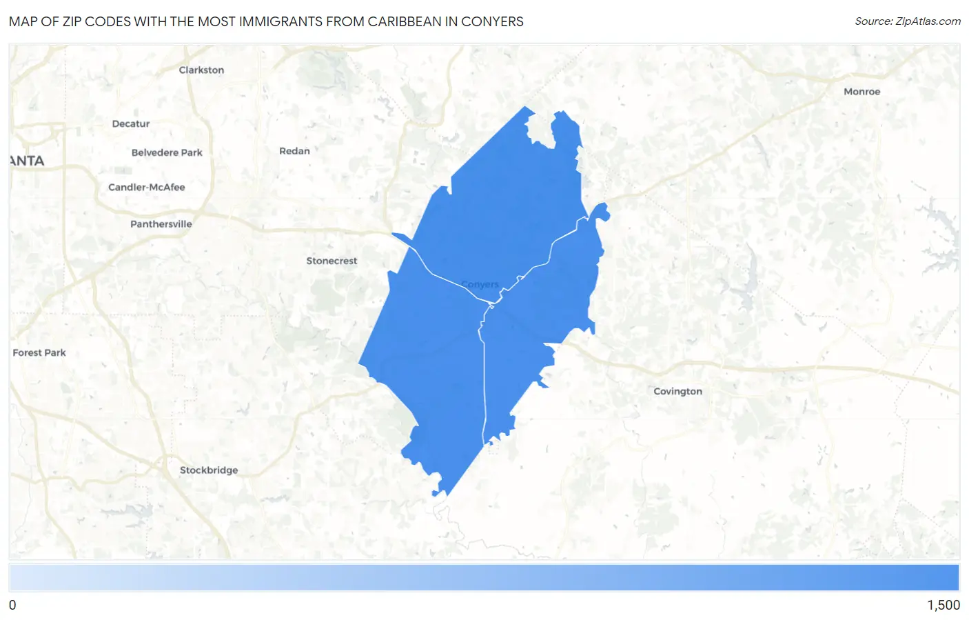 Zip Codes with the Most Immigrants from Caribbean in Conyers Map