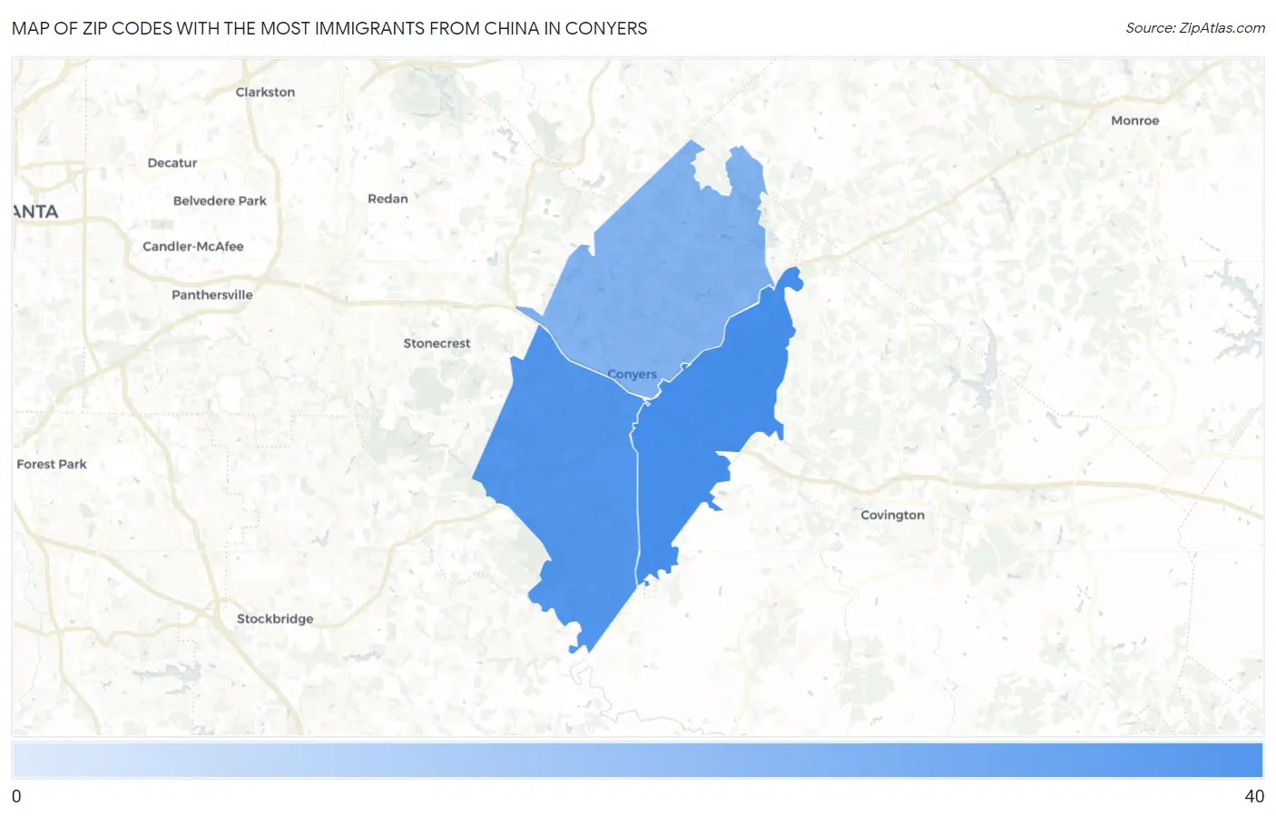 Zip Codes with the Most Immigrants from China in Conyers Map