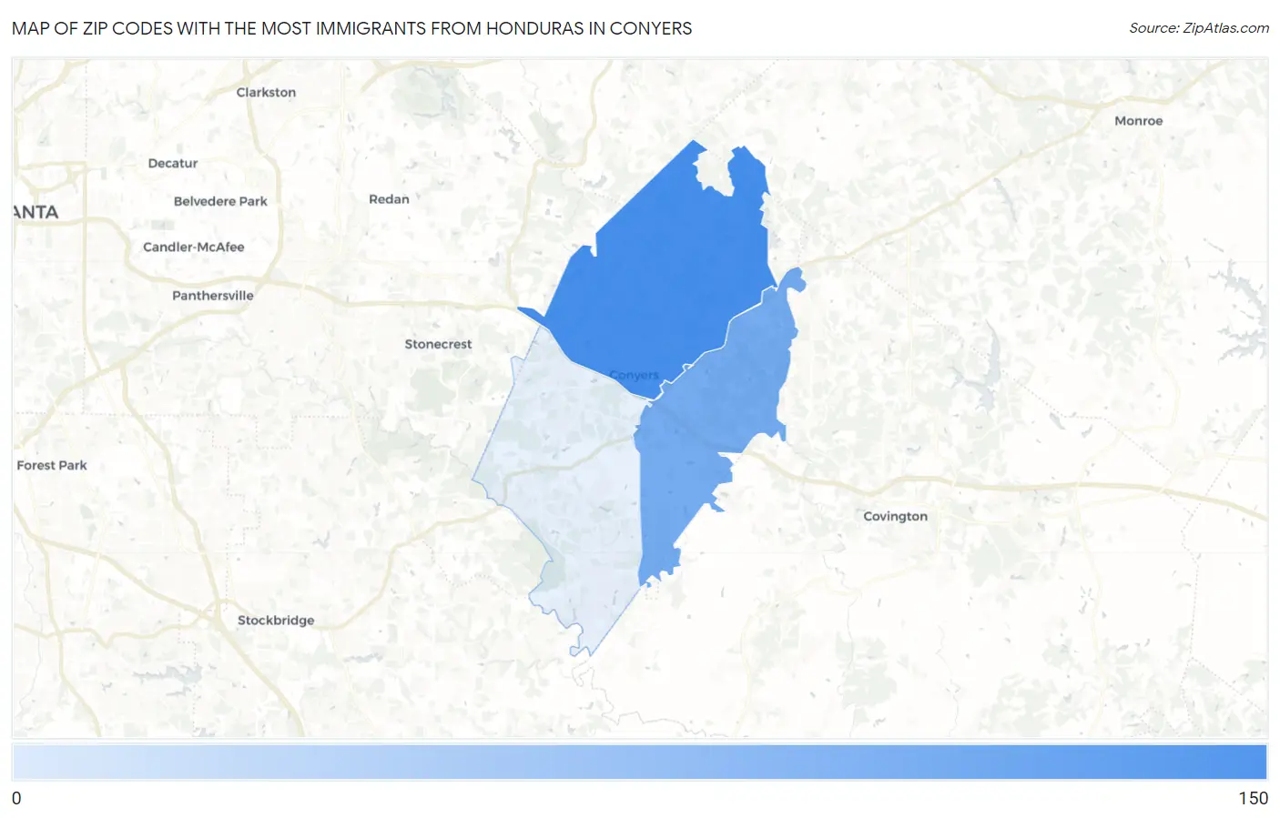 Zip Codes with the Most Immigrants from Honduras in Conyers Map