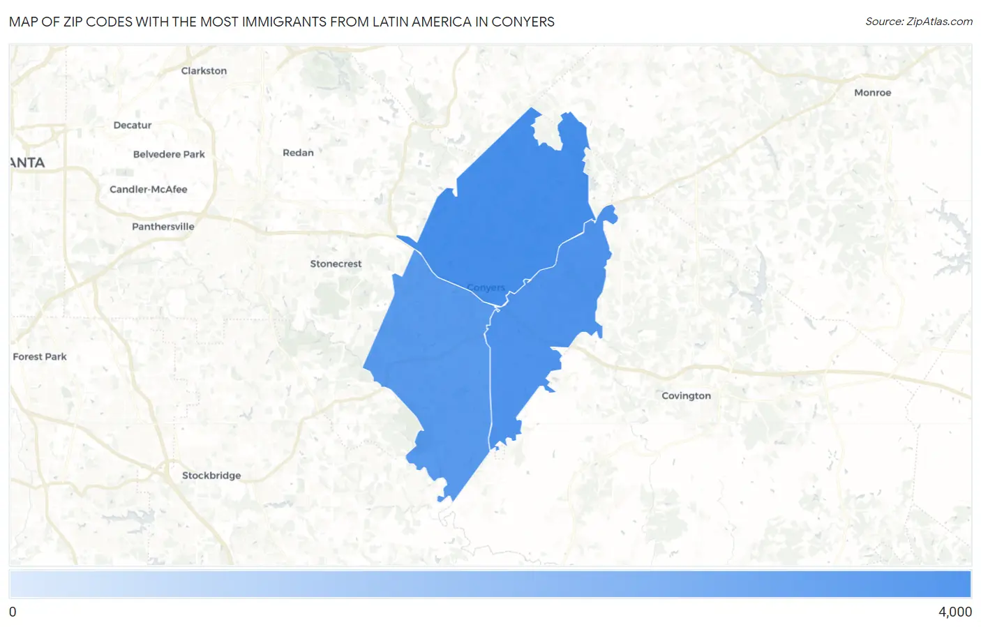Zip Codes with the Most Immigrants from Latin America in Conyers Map