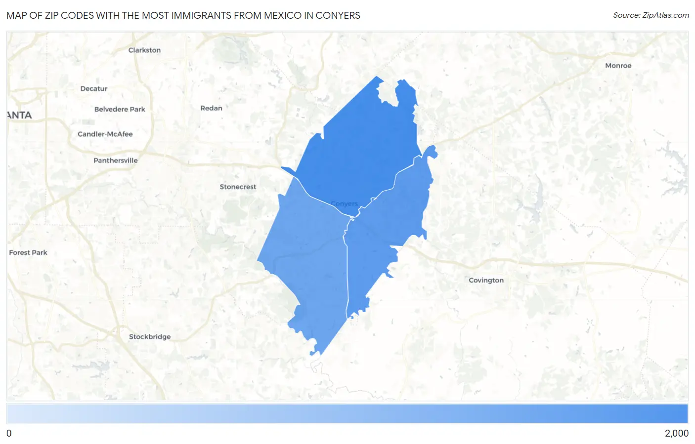 Zip Codes with the Most Immigrants from Mexico in Conyers Map
