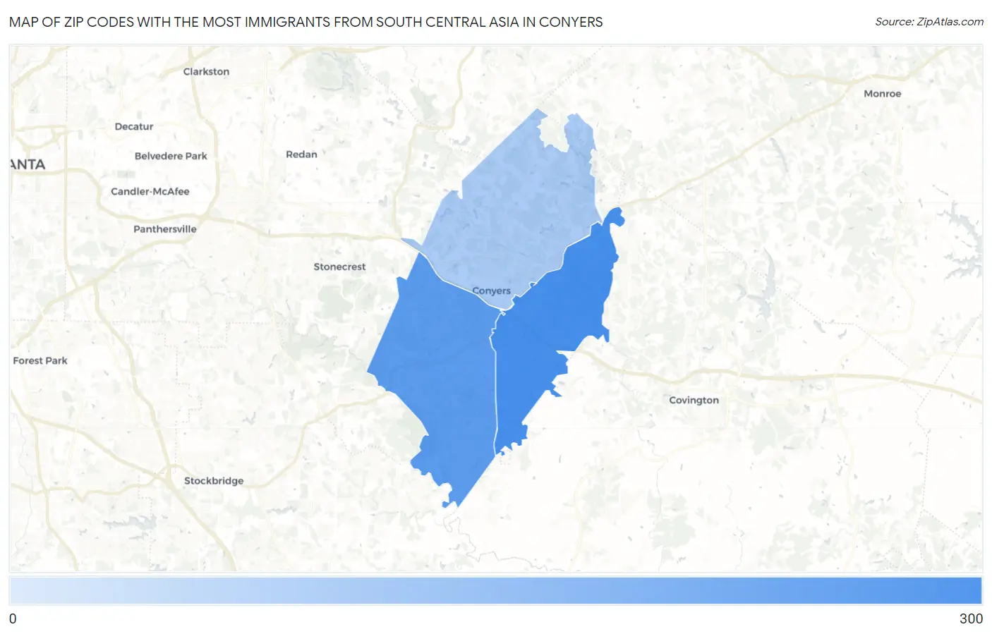 Zip Codes with the Most Immigrants from South Central Asia in Conyers Map