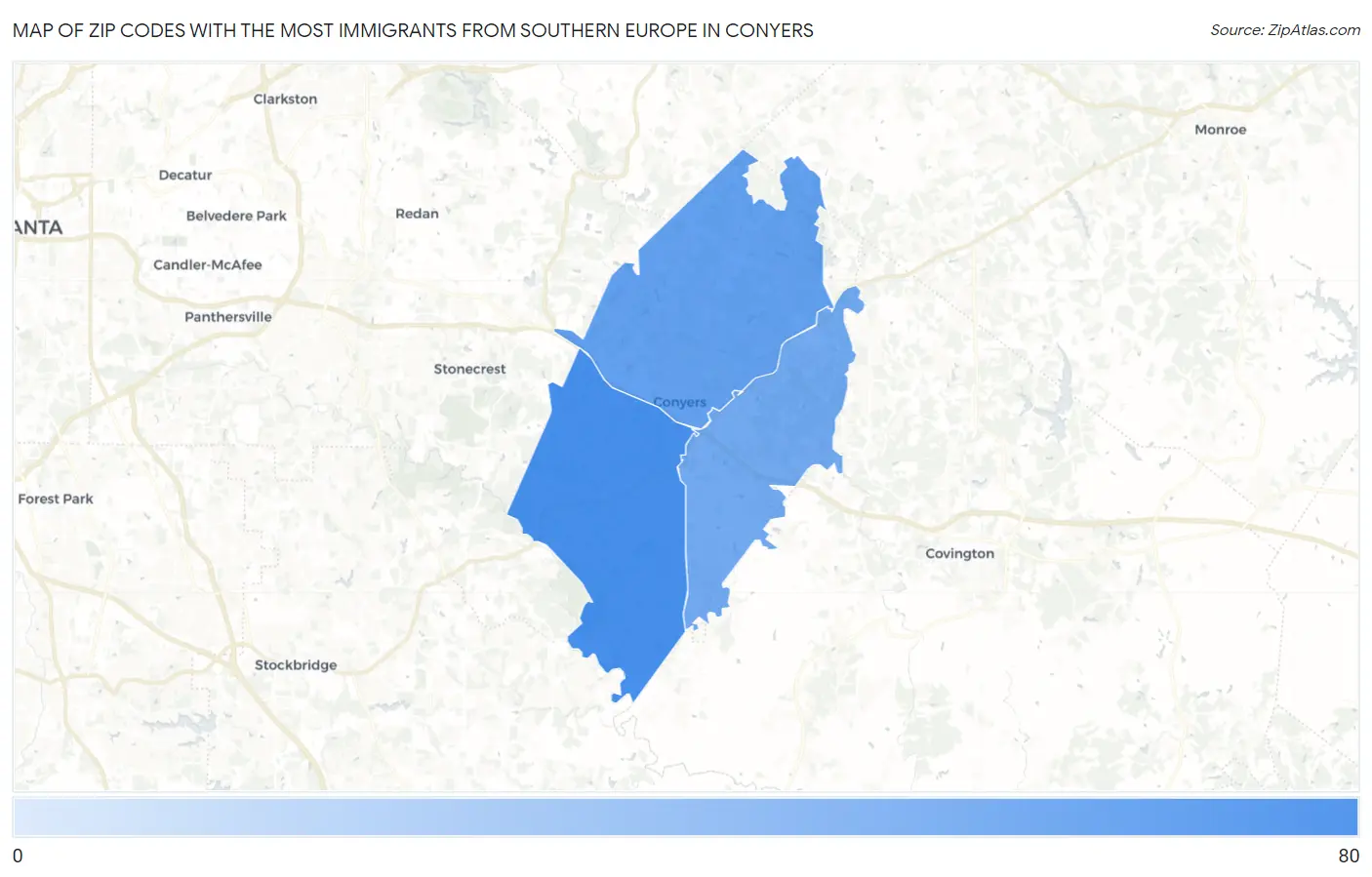 Zip Codes with the Most Immigrants from Southern Europe in Conyers Map