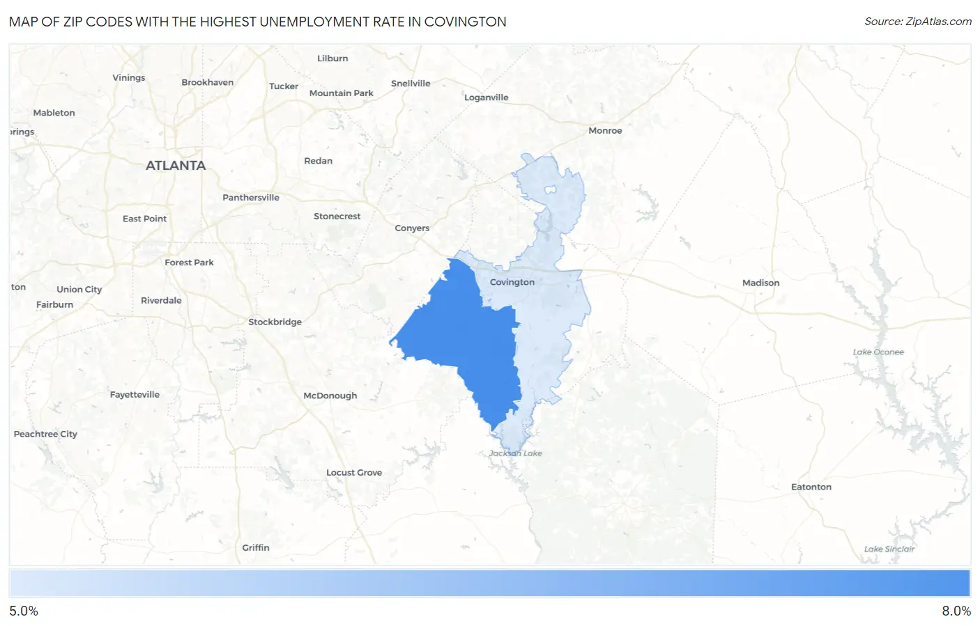 Zip Codes with the Highest Unemployment Rate in Covington Map