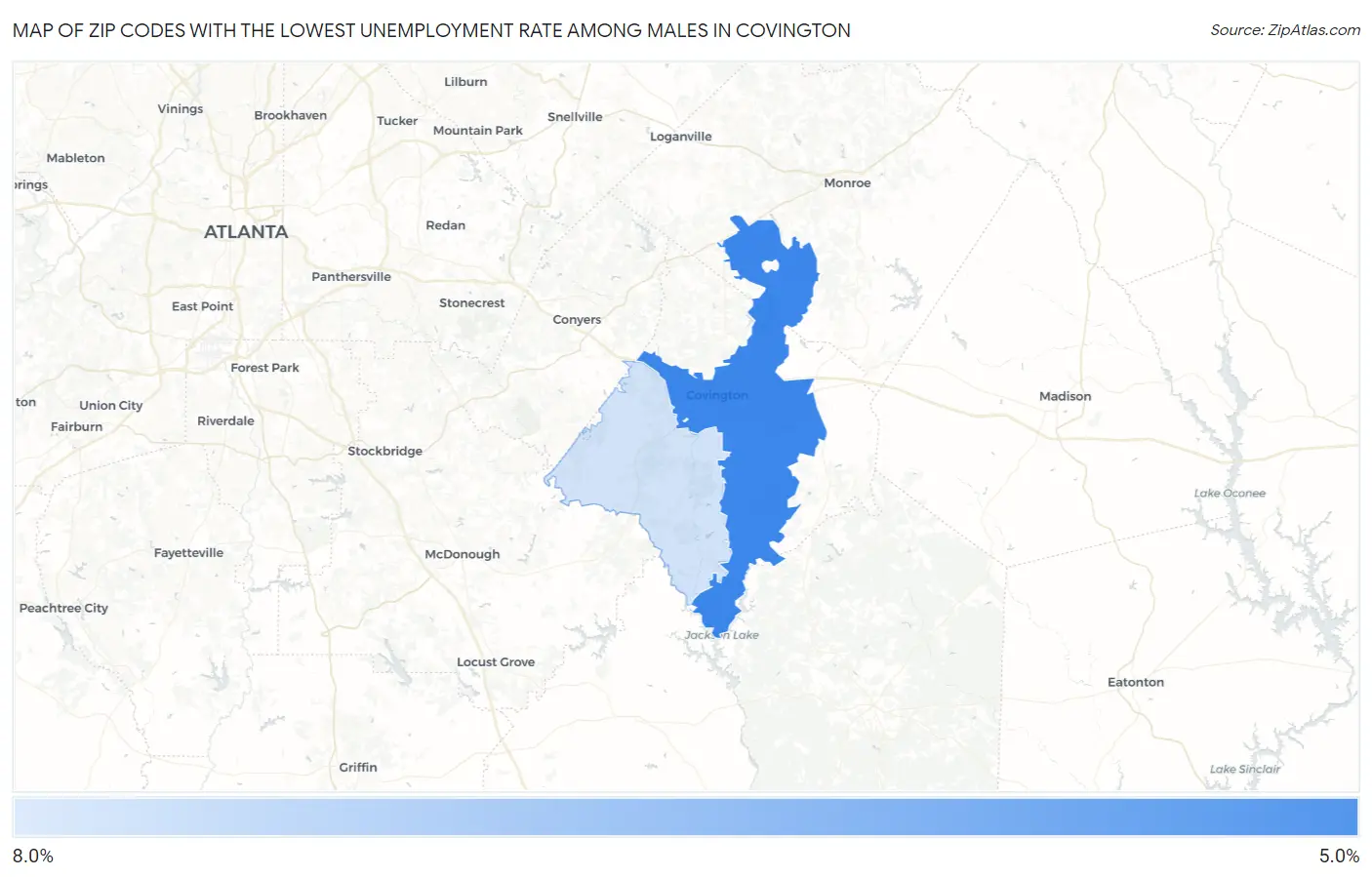 Zip Codes with the Lowest Unemployment Rate Among Males in Covington Map