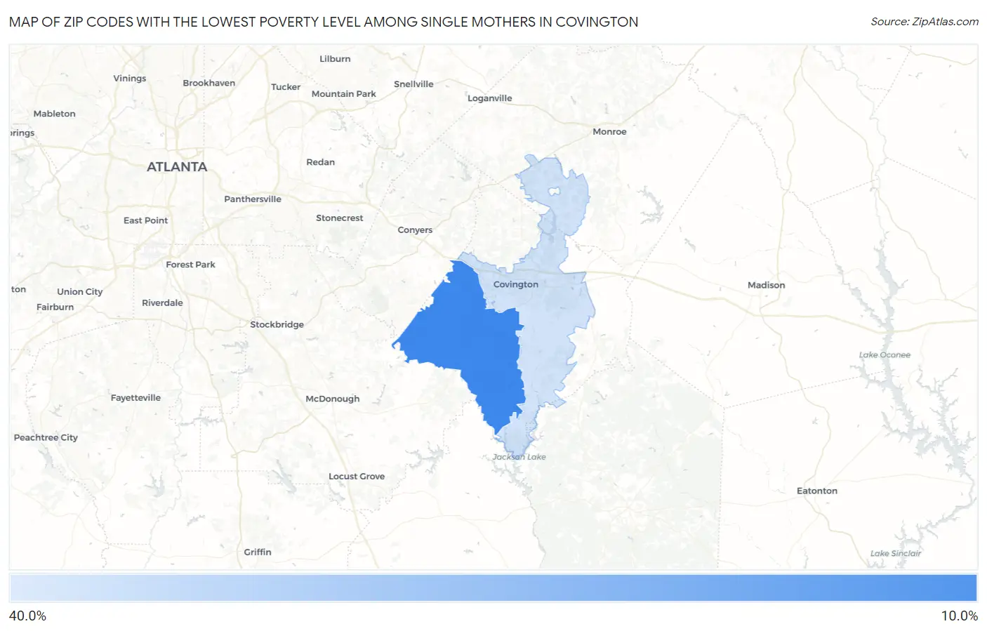 Zip Codes with the Lowest Poverty Level Among Single Mothers in Covington Map