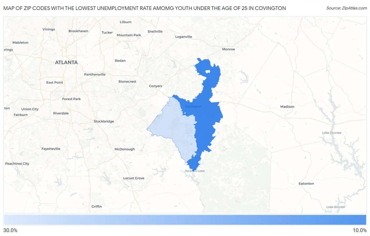 Zip Codes with the Lowest Unemployment Rate Amomg Youth Under the Age of 25 in Covington Map