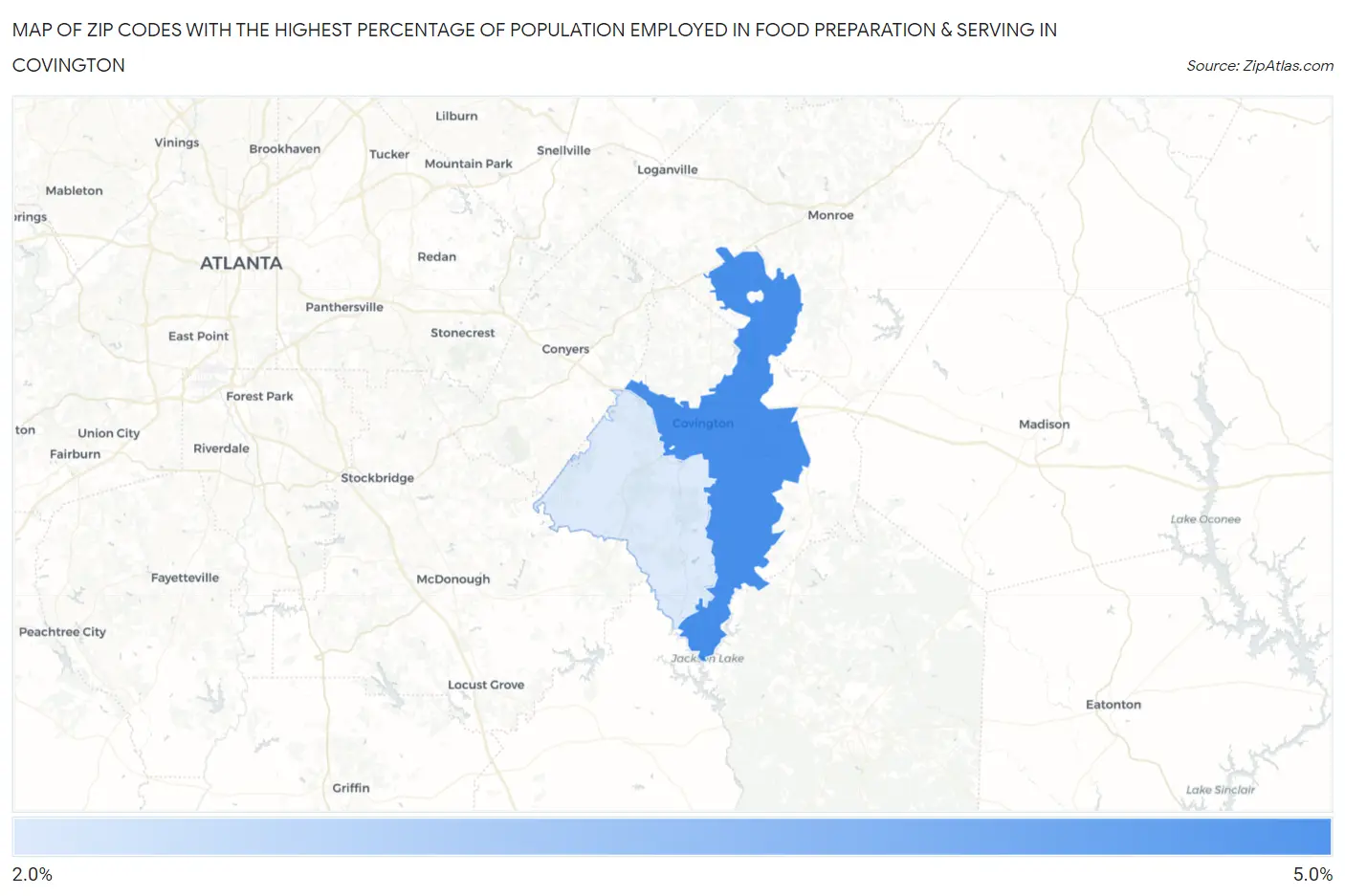 Zip Codes with the Highest Percentage of Population Employed in Food Preparation & Serving in Covington Map