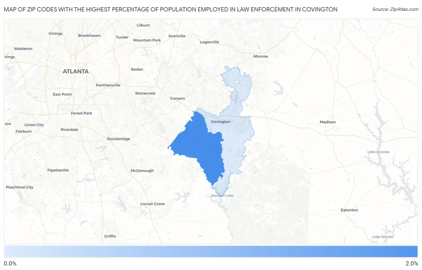 Zip Codes with the Highest Percentage of Population Employed in Law Enforcement in Covington Map