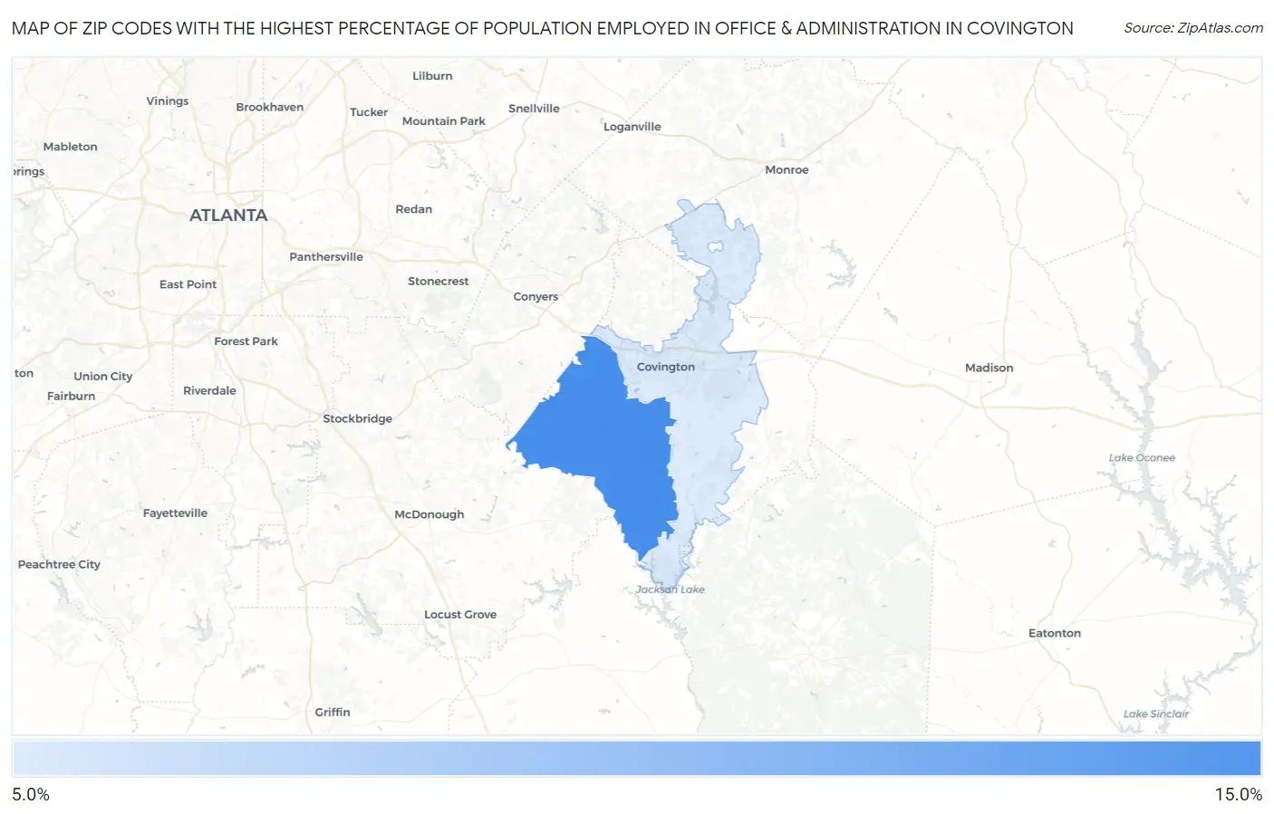 Zip Codes with the Highest Percentage of Population Employed in Office & Administration in Covington Map