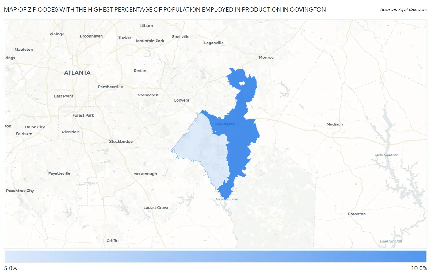 Zip Codes with the Highest Percentage of Population Employed in Production in Covington Map