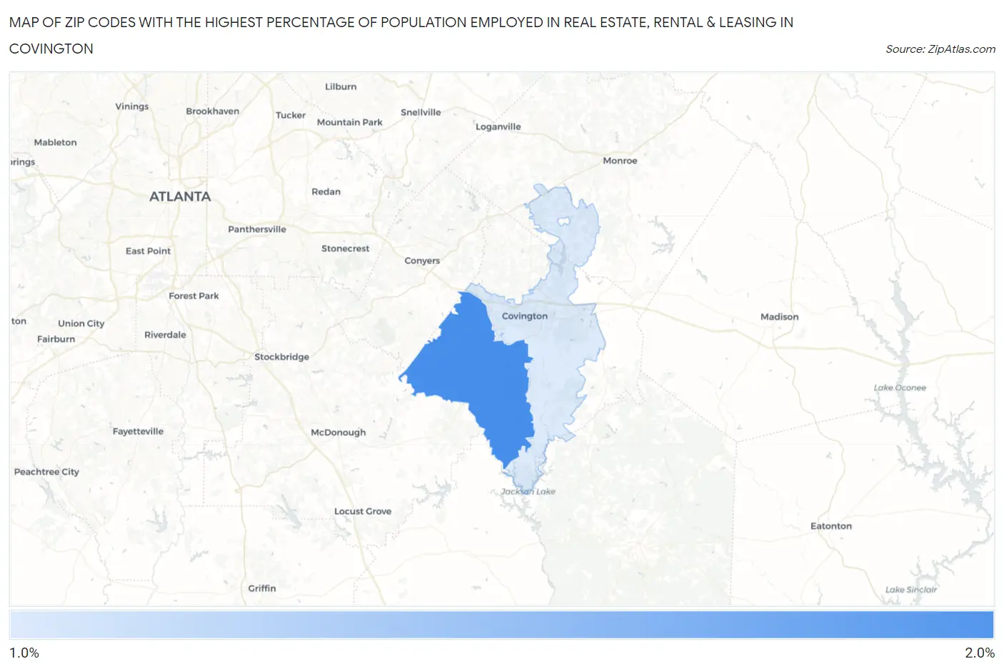 Zip Codes with the Highest Percentage of Population Employed in Real Estate, Rental & Leasing in Covington Map