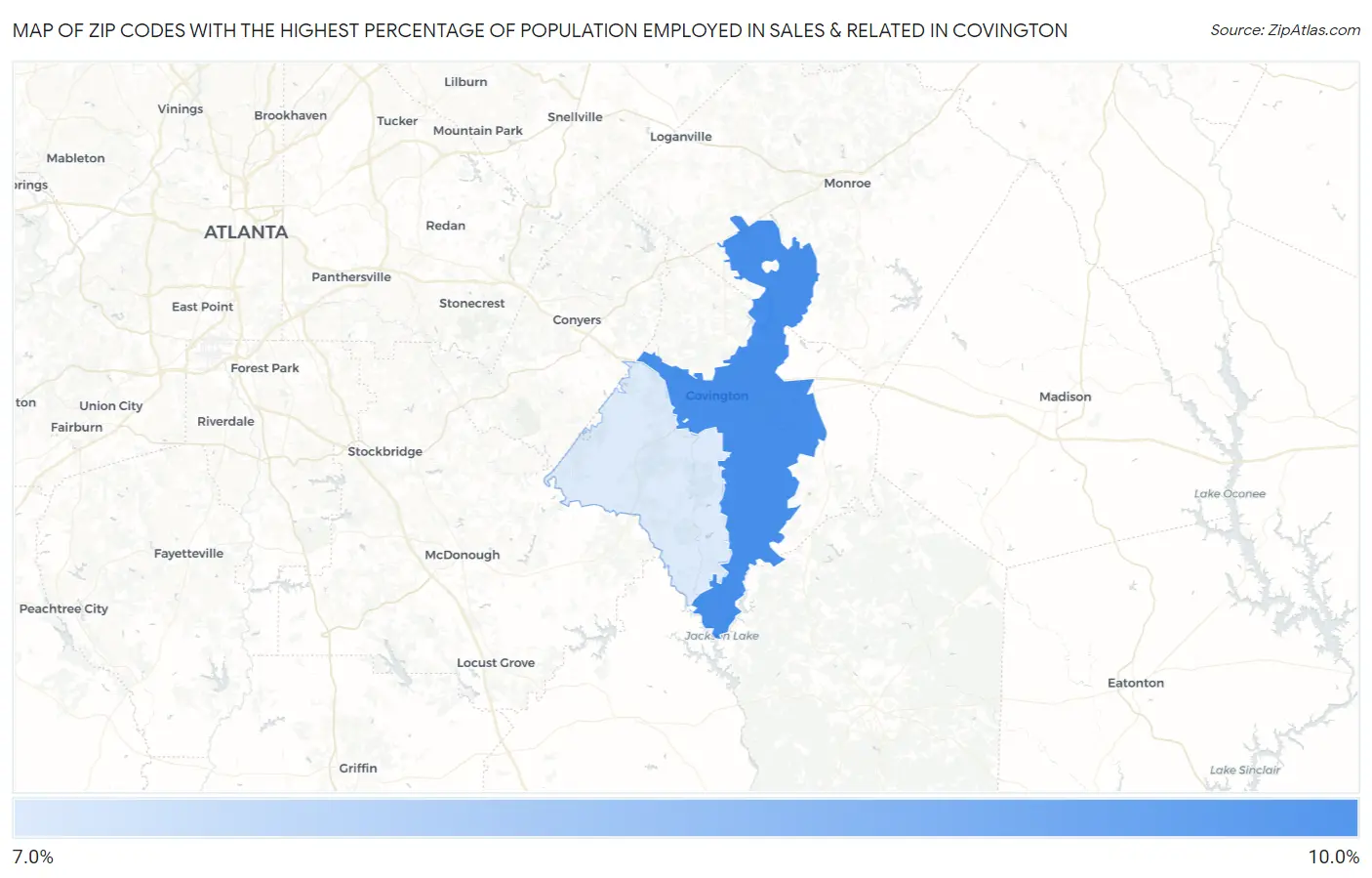 Zip Codes with the Highest Percentage of Population Employed in Sales & Related in Covington Map