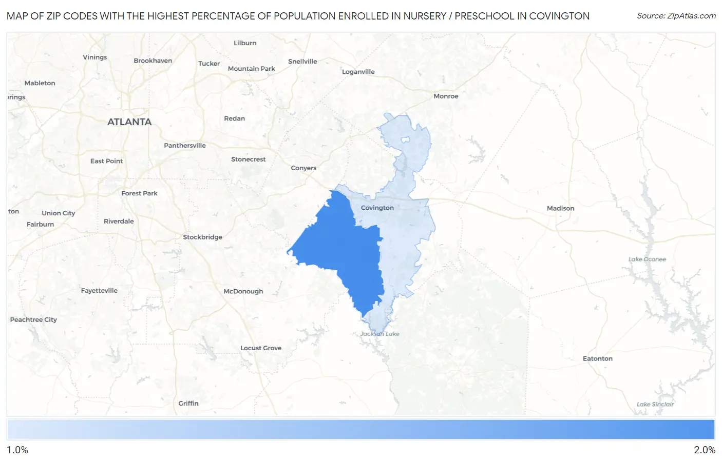 Zip Codes with the Highest Percentage of Population Enrolled in Nursery / Preschool in Covington Map
