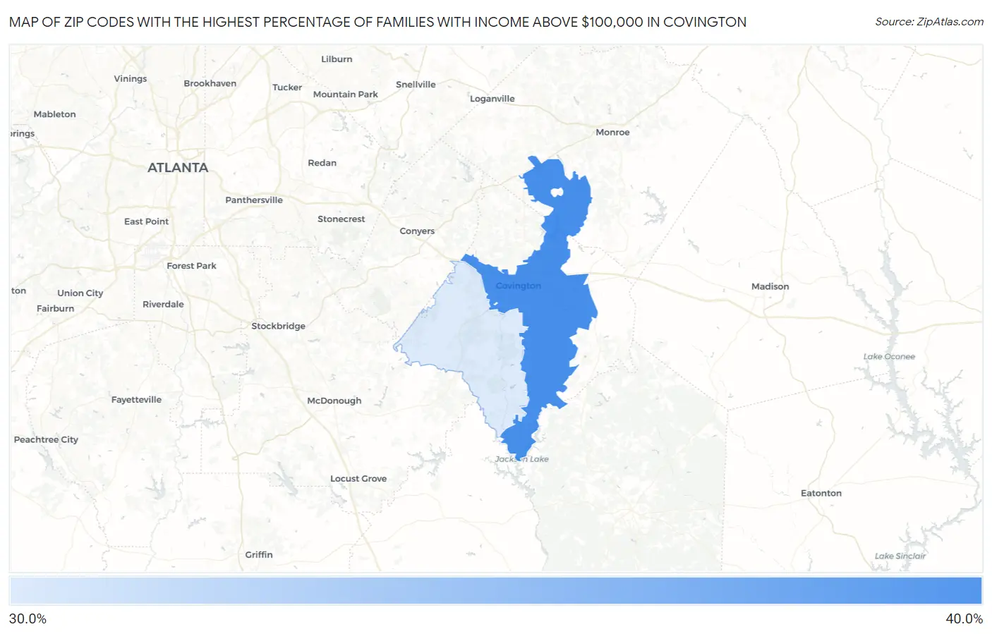 Zip Codes with the Highest Percentage of Families with Income Above $100,000 in Covington Map