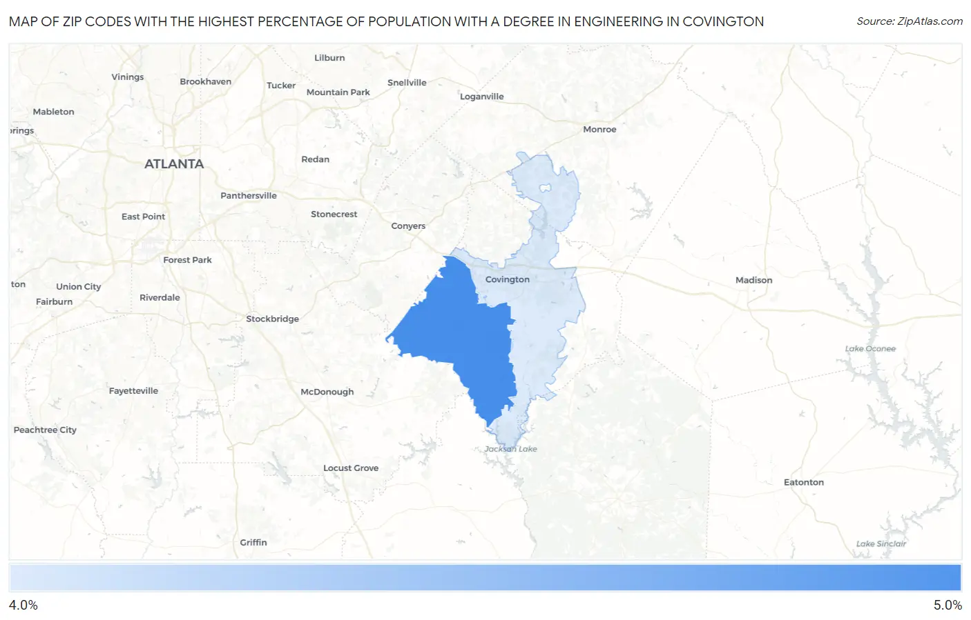 Zip Codes with the Highest Percentage of Population with a Degree in Engineering in Covington Map