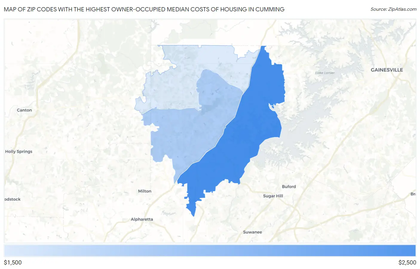 Zip Codes with the Highest Owner-Occupied Median Costs of Housing in Cumming Map