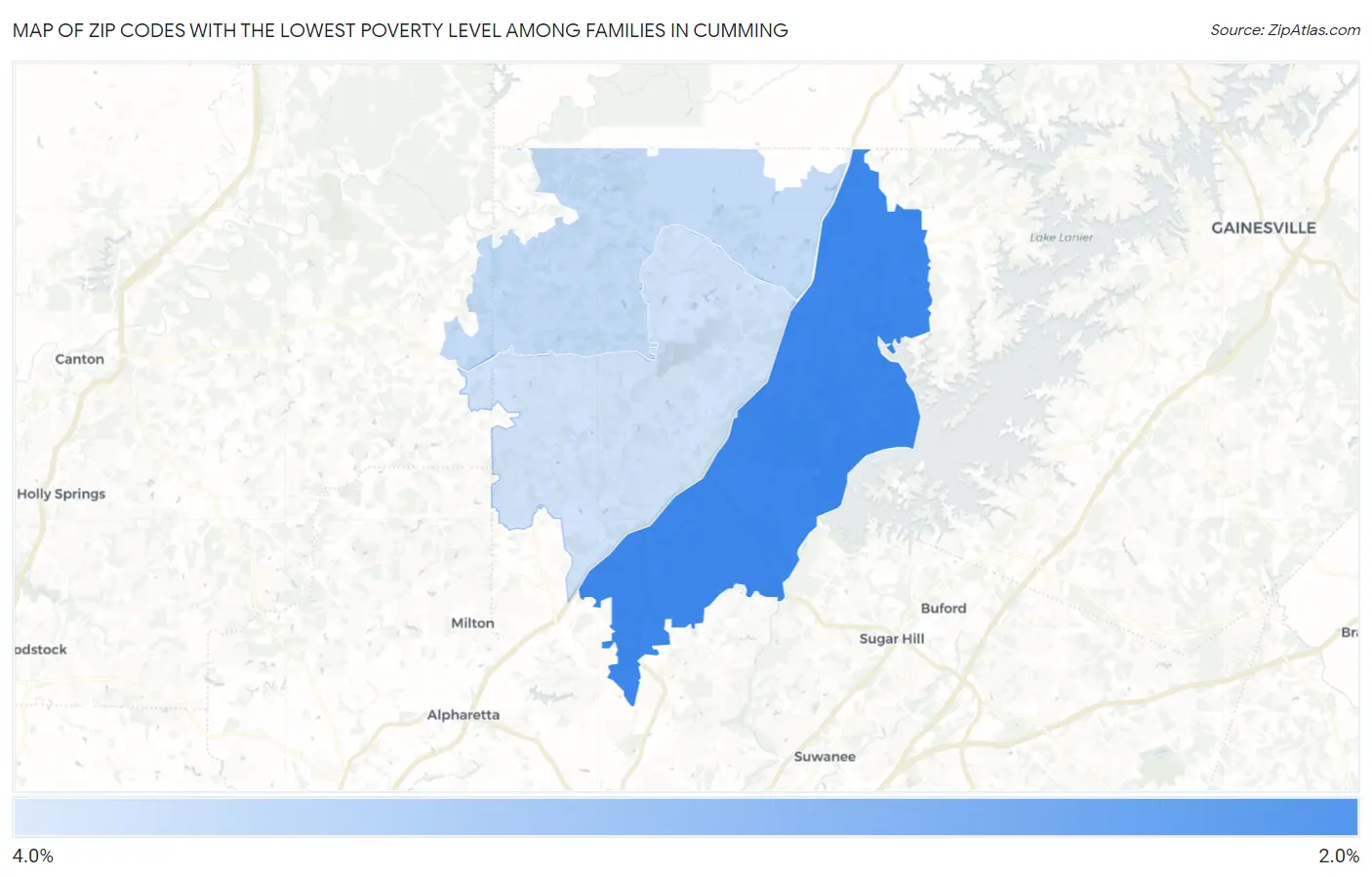 Zip Codes with the Lowest Poverty Level Among Families in Cumming Map