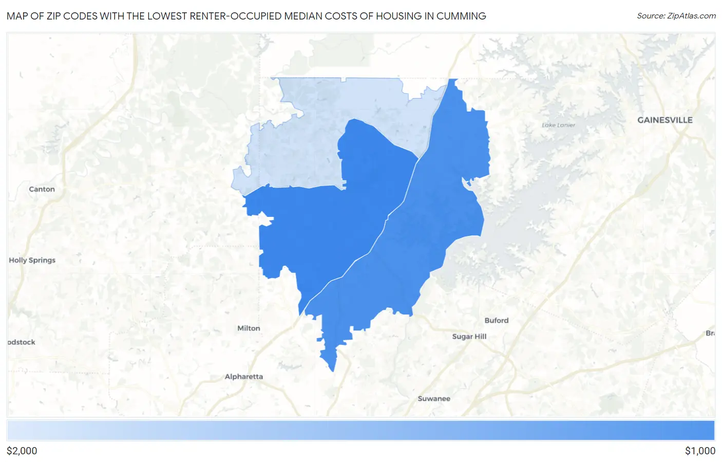 Zip Codes with the Lowest Renter-Occupied Median Costs of Housing in Cumming Map