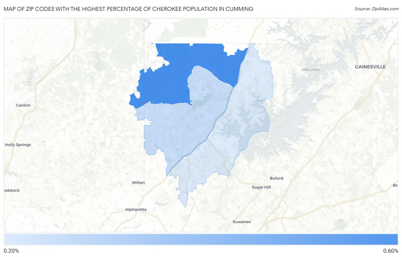 Zip Codes with the Highest Percentage of Cherokee Population in Cumming Map