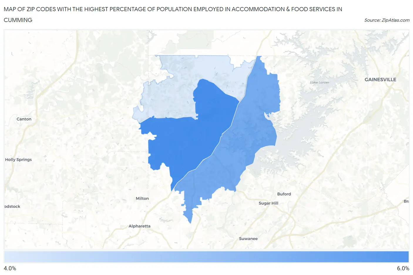 Zip Codes with the Highest Percentage of Population Employed in Accommodation & Food Services in Cumming Map