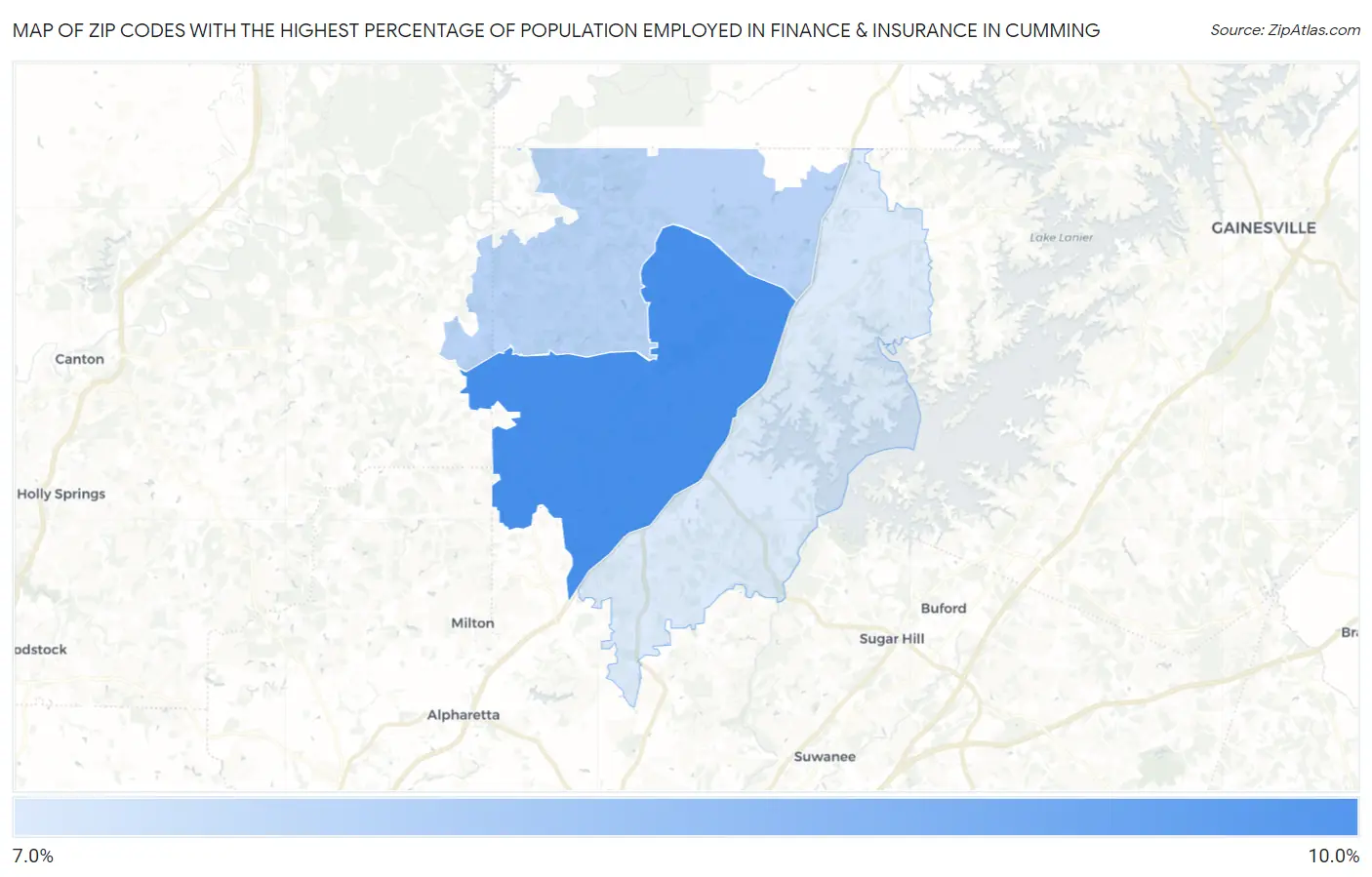 Zip Codes with the Highest Percentage of Population Employed in Finance & Insurance in Cumming Map