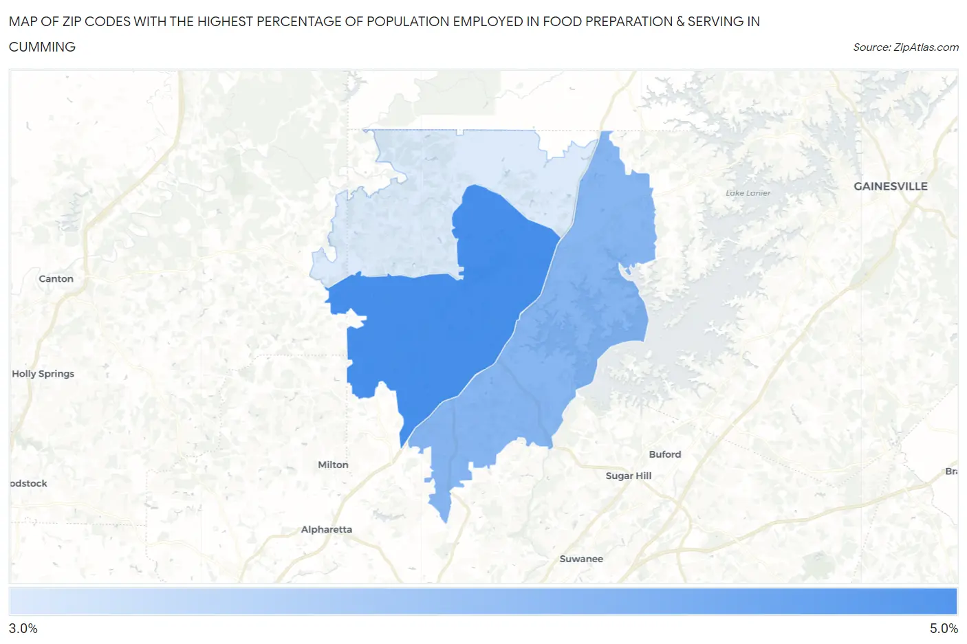Zip Codes with the Highest Percentage of Population Employed in Food Preparation & Serving in Cumming Map