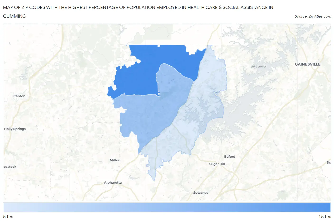 Zip Codes with the Highest Percentage of Population Employed in Health Care & Social Assistance in Cumming Map