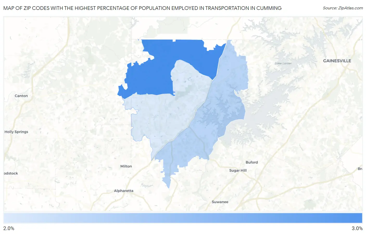 Zip Codes with the Highest Percentage of Population Employed in Transportation in Cumming Map