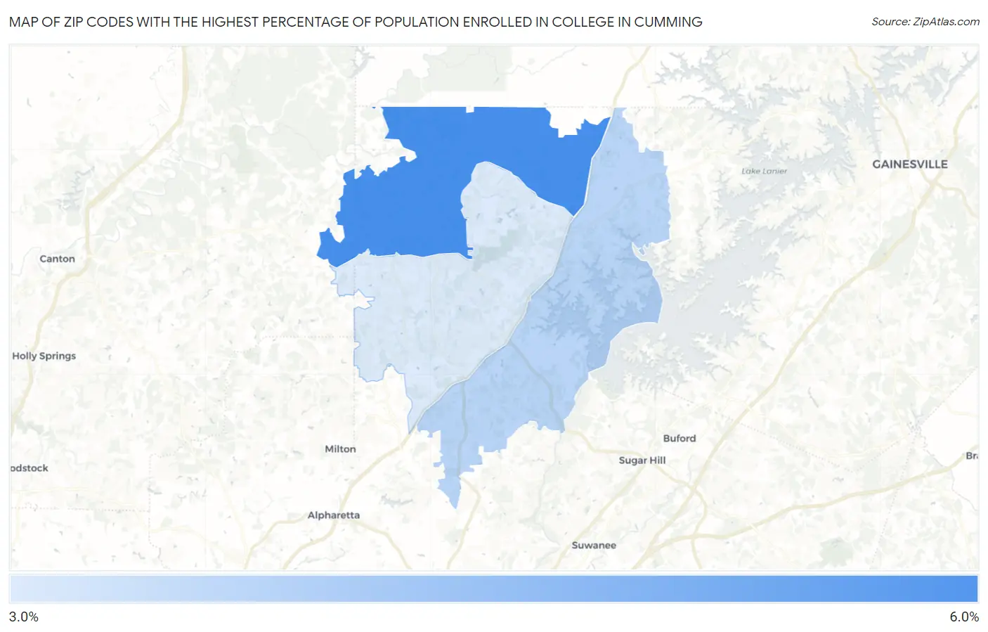 Zip Codes with the Highest Percentage of Population Enrolled in College in Cumming Map