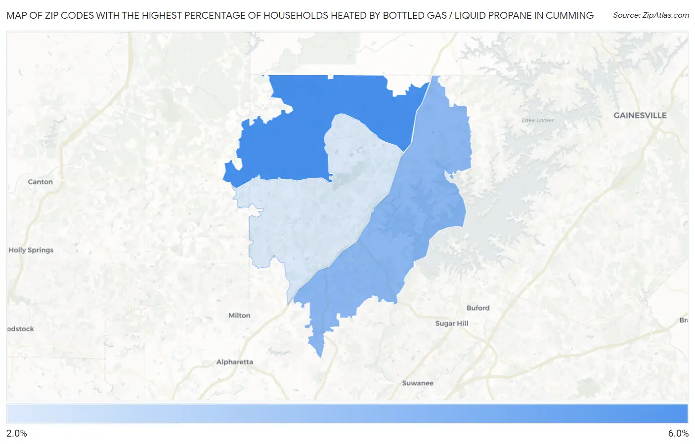 Zip Codes with the Highest Percentage of Households Heated by Bottled Gas / Liquid Propane in Cumming Map