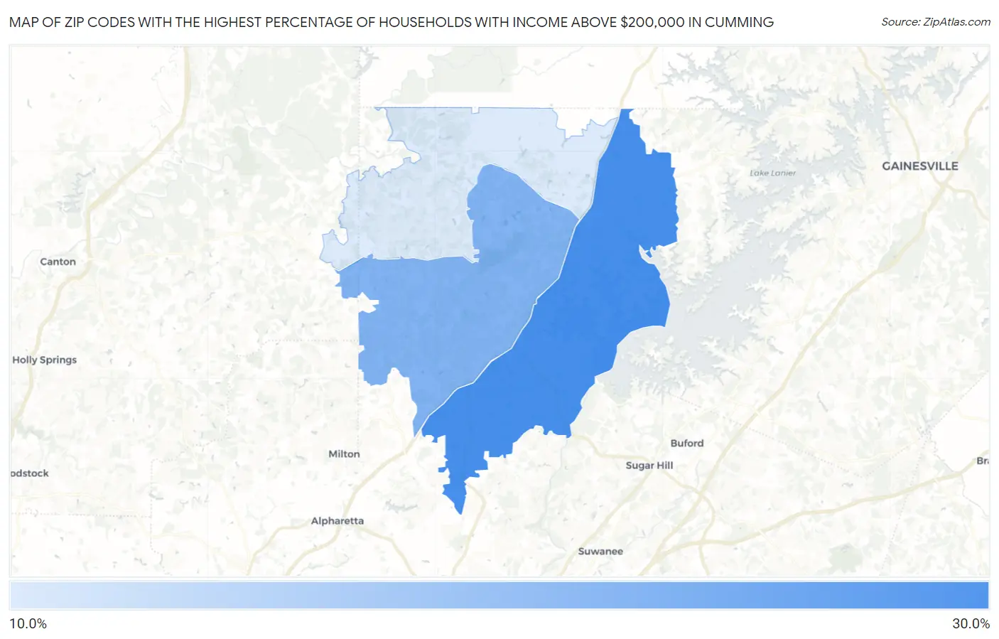 Zip Codes with the Highest Percentage of Households with Income Above $200,000 in Cumming Map