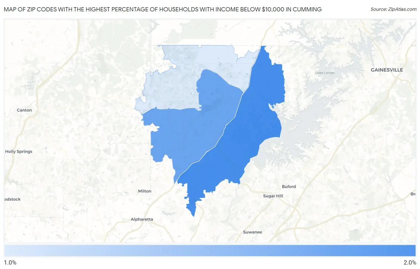 Zip Codes with the Highest Percentage of Households with Income Below $10,000 in Cumming Map