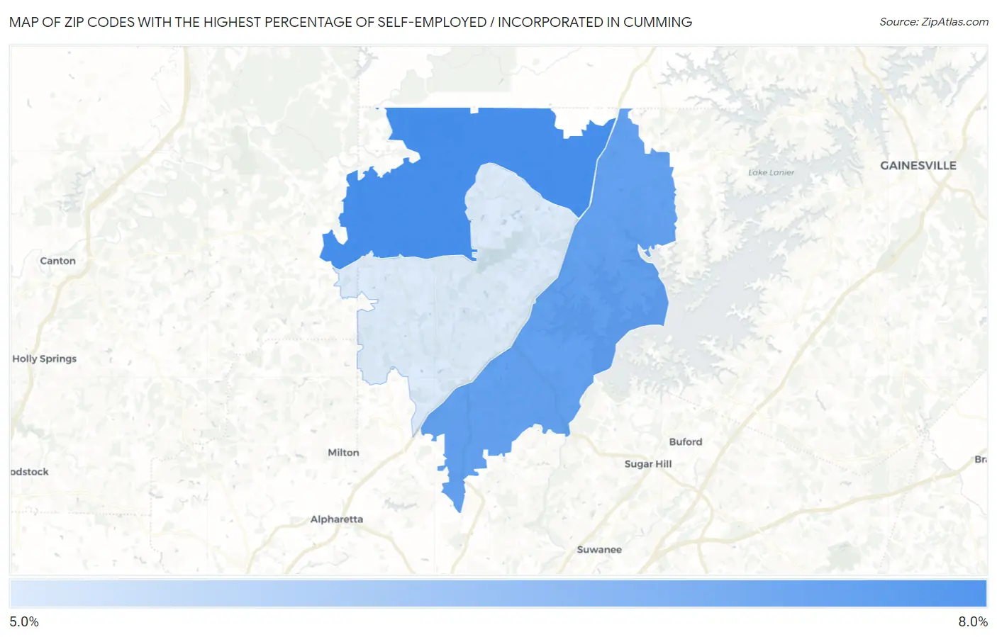 Zip Codes with the Highest Percentage of Self-Employed / Incorporated in Cumming Map