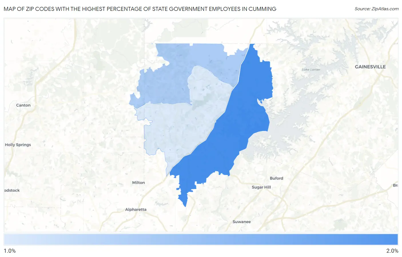 Zip Codes with the Highest Percentage of State Government Employees in Cumming Map