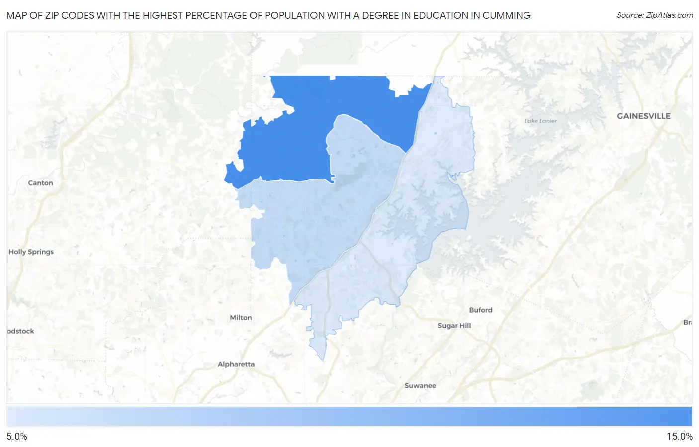 Zip Codes with the Highest Percentage of Population with a Degree in Education in Cumming Map