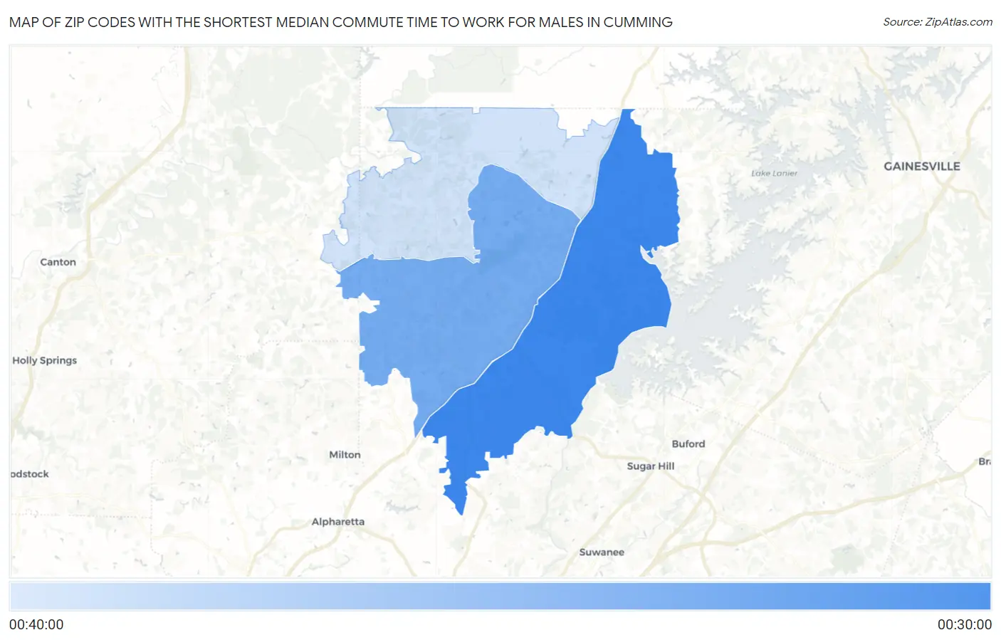 Zip Codes with the Shortest Median Commute Time to Work for Males in Cumming Map