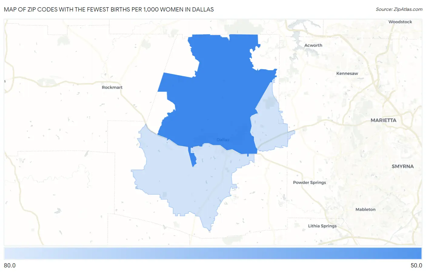 Zip Codes with the Fewest Births per 1,000 Women in Dallas Map